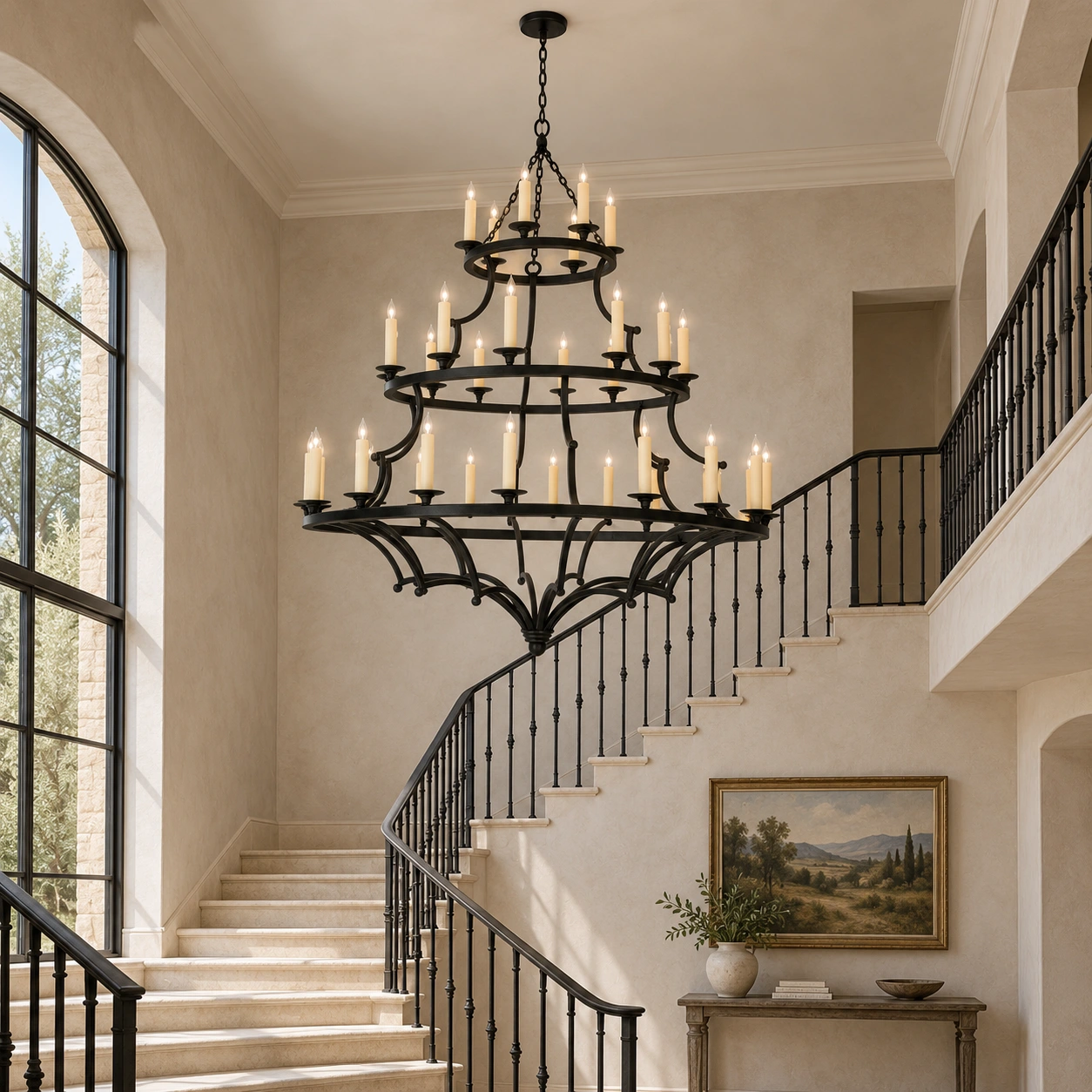 European rustic three-tier iron chandelier installed in a believable double-height stair hall with consistent perspective