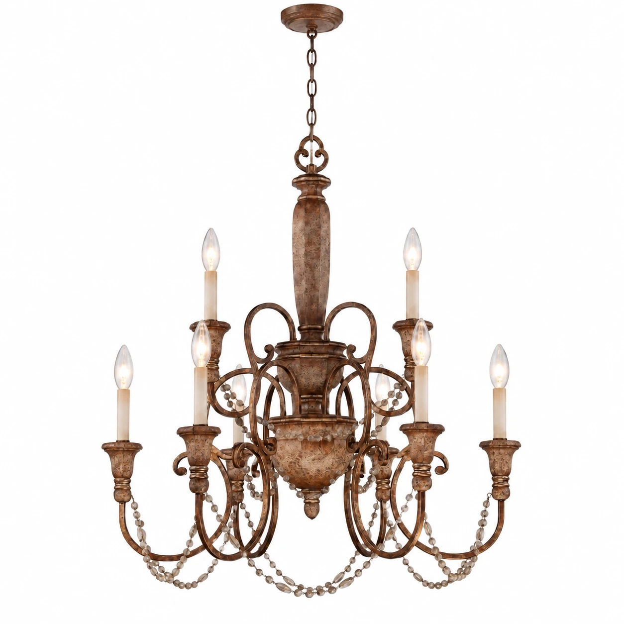 Clara retro eight-light double-layer carved wood chandelier on a white background