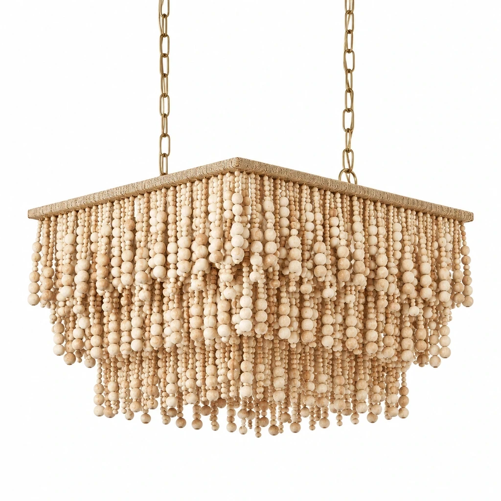 4-head square French Bohemian Natural Wood Bead Chandelier on white background