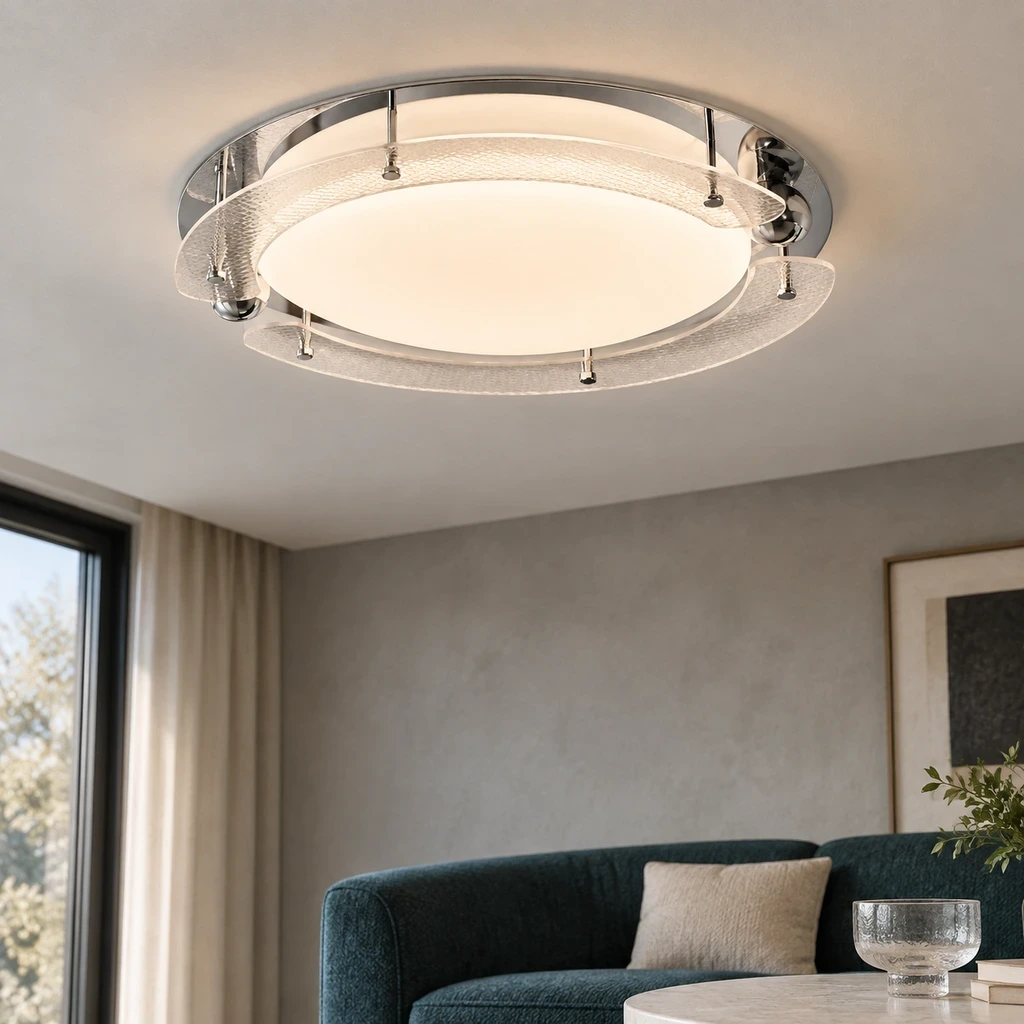 Iris Bauhaus Orbital Acrylic Alloy Flush Mount in a hospitality setting