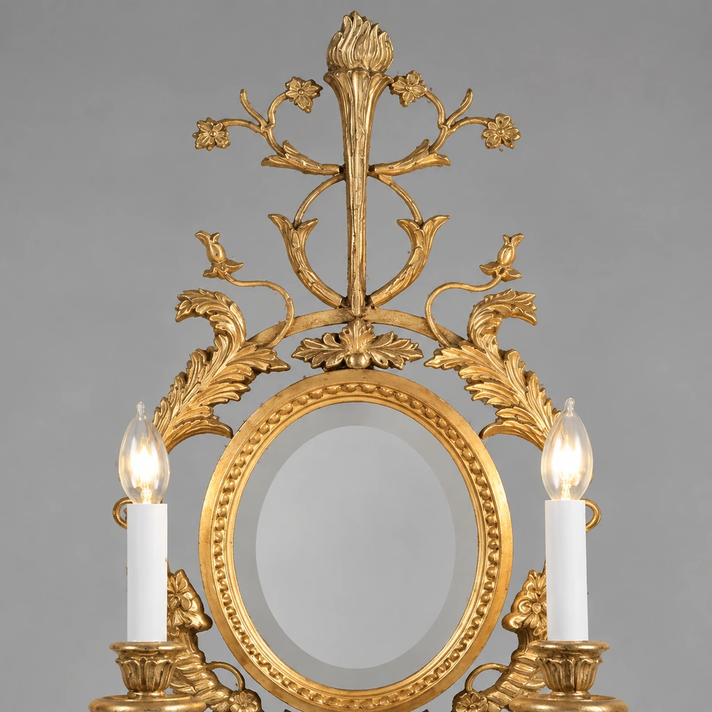 Upper and lower carved wood details of model 0168 wall sconce