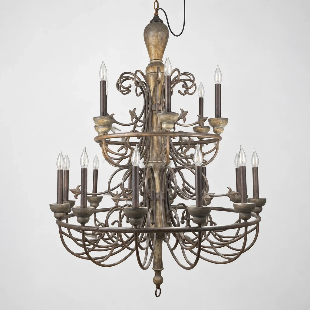 Rustic Multi-Tier Carved Wood Chandelier switched off in a neutral studio
