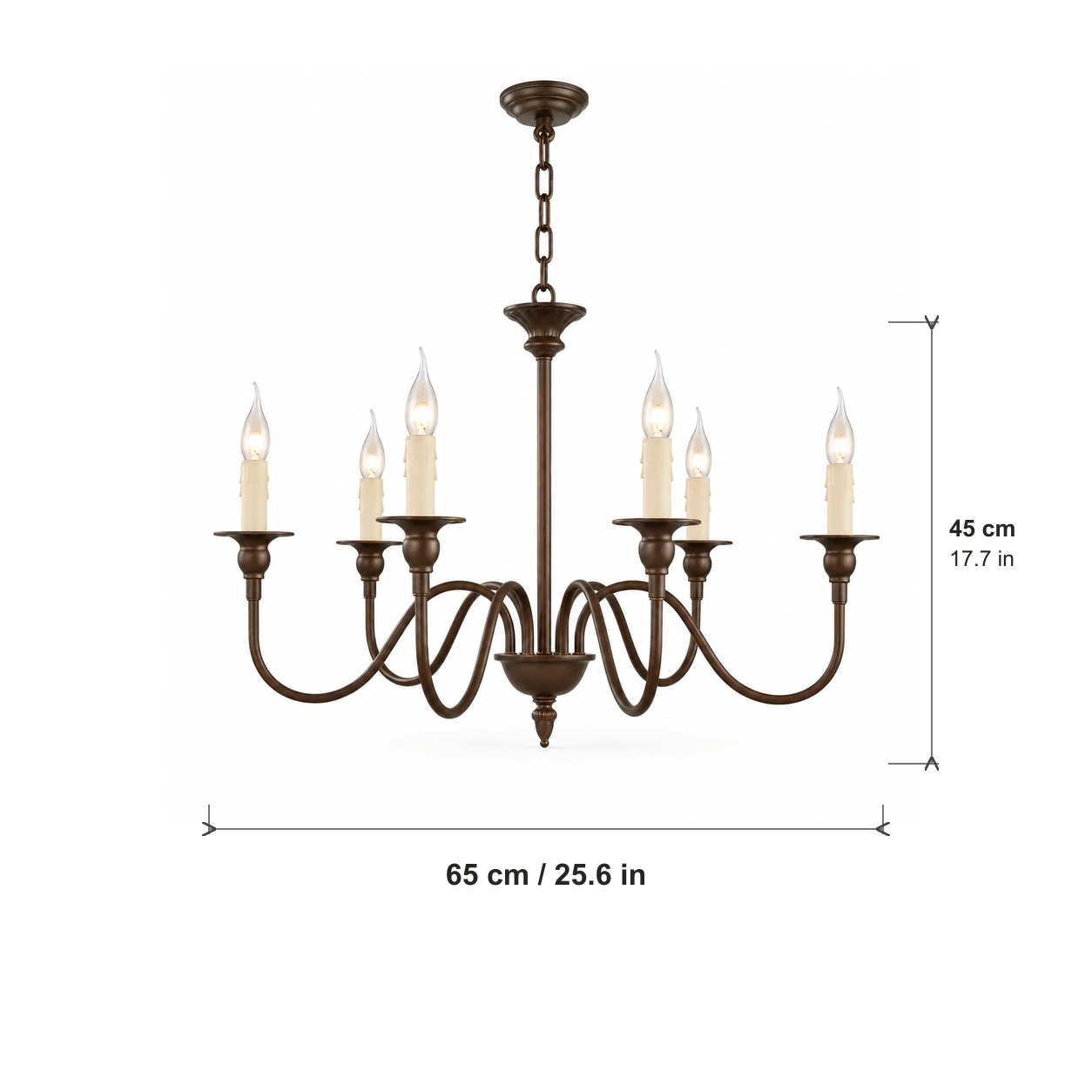 Diameter 65 cm and chandelier body height 45 cm, excluding chain