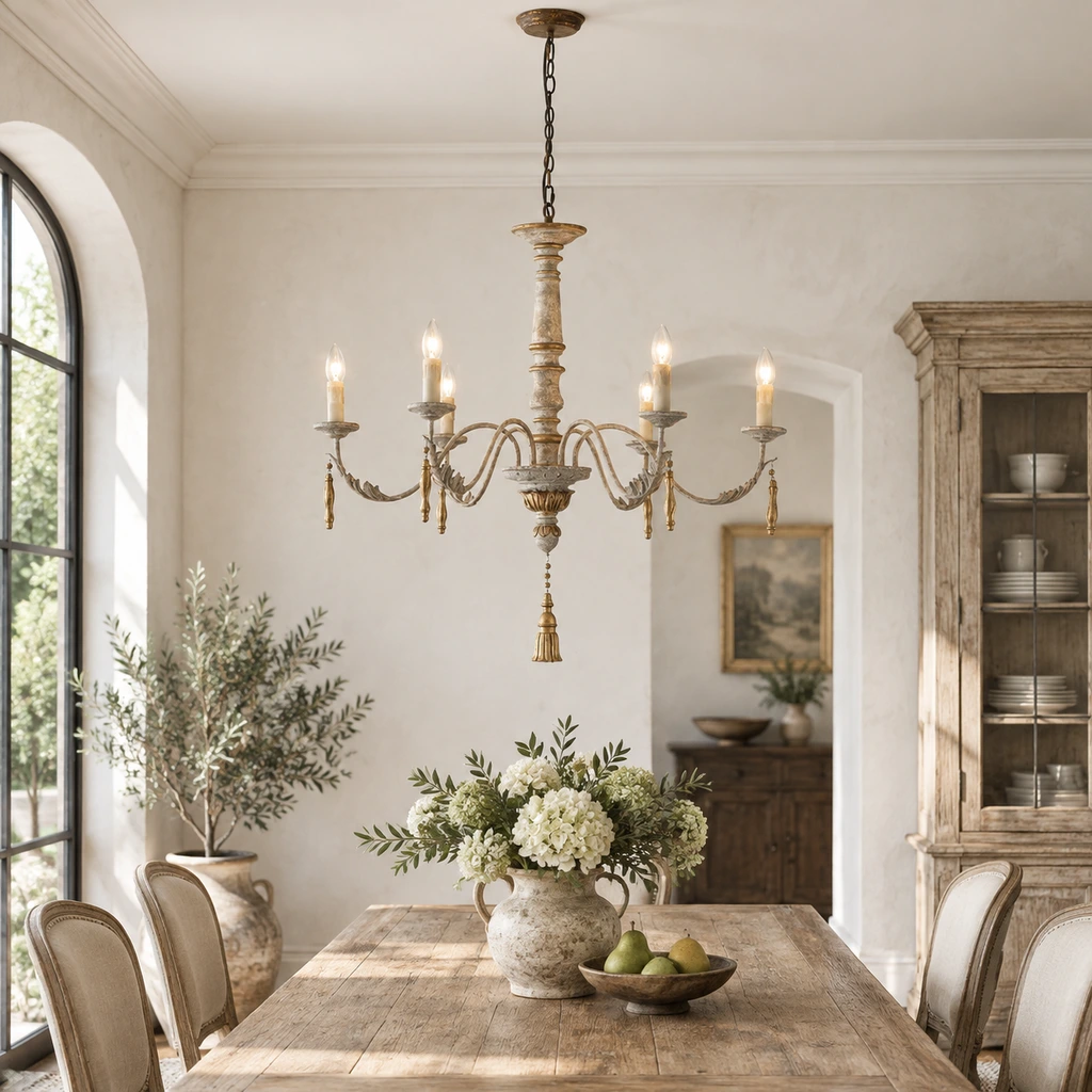 Colette six-light candle chandelier installed above a dining table