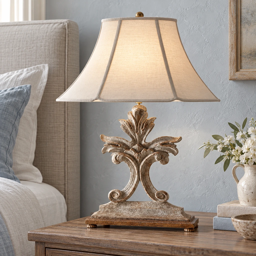 Linden carved wood table lamp in a blue-gray bedroom