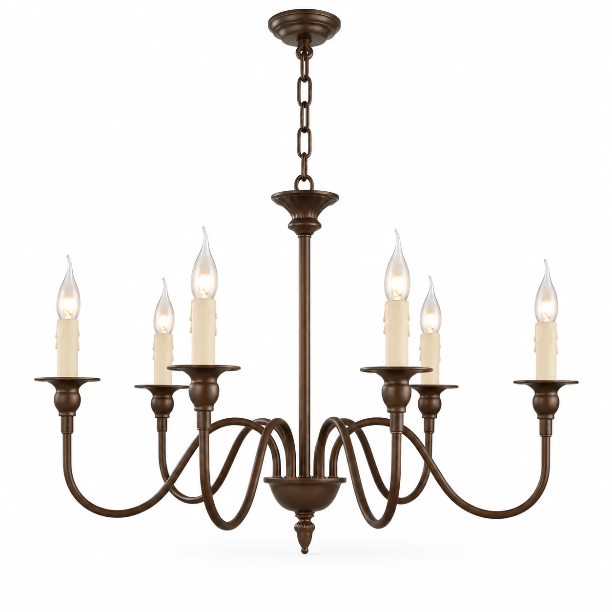 Six-light rubbed-brown iron chandelier on a white background