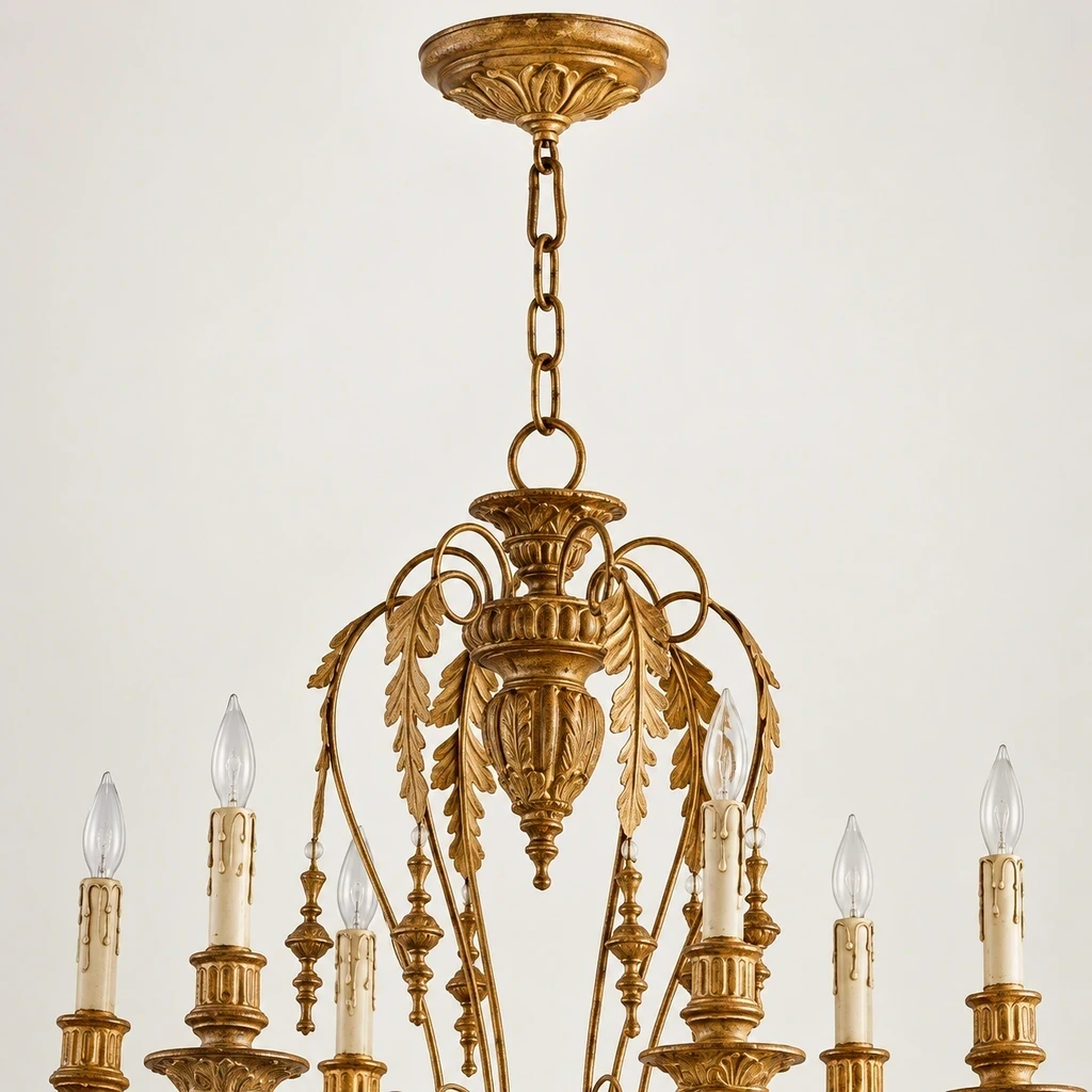 Close detail of the ceiling canopy, chain and sculpted crown
