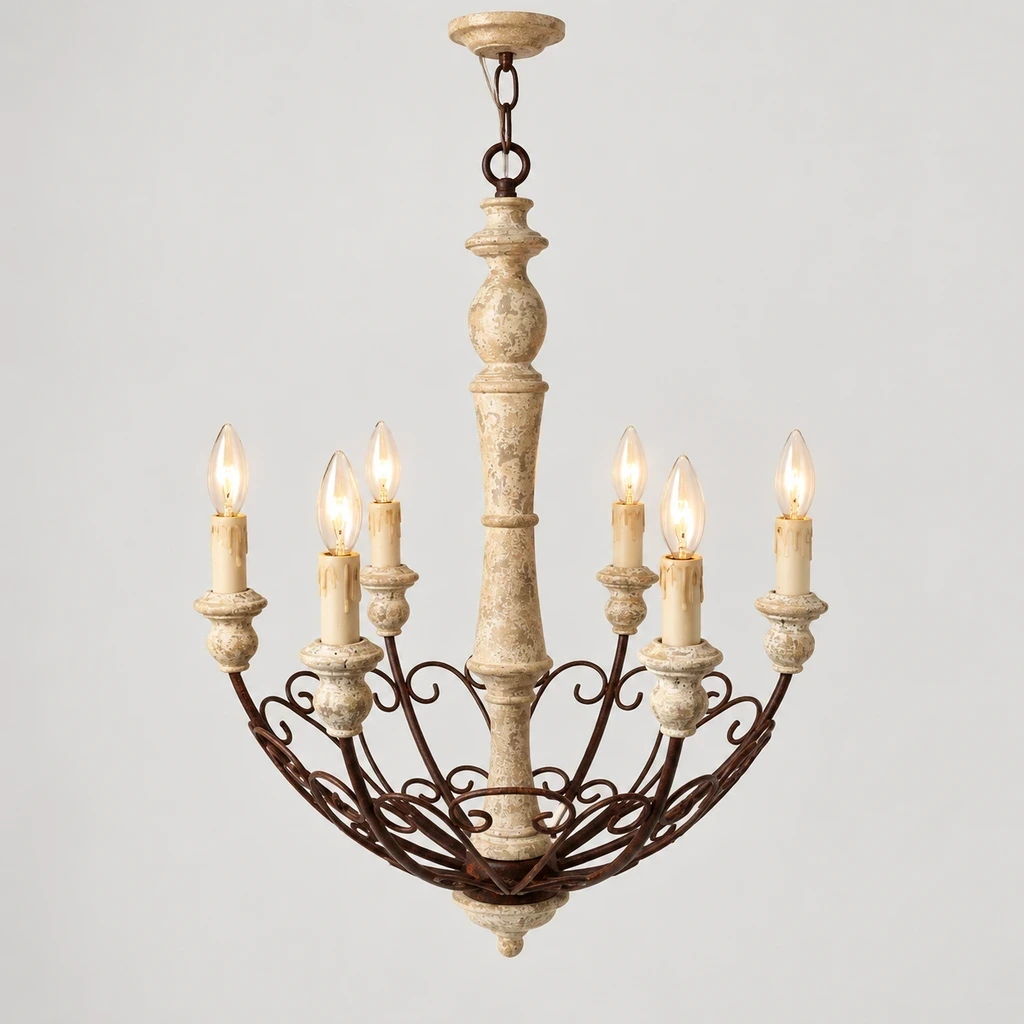 Rustic Six-Arm Carved Wood Chandelier illuminated in a neutral studio