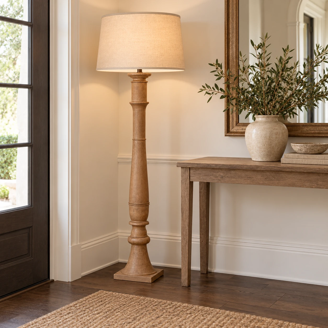 Vera Rustic Carved Wood Floor Lamp in a residential interior