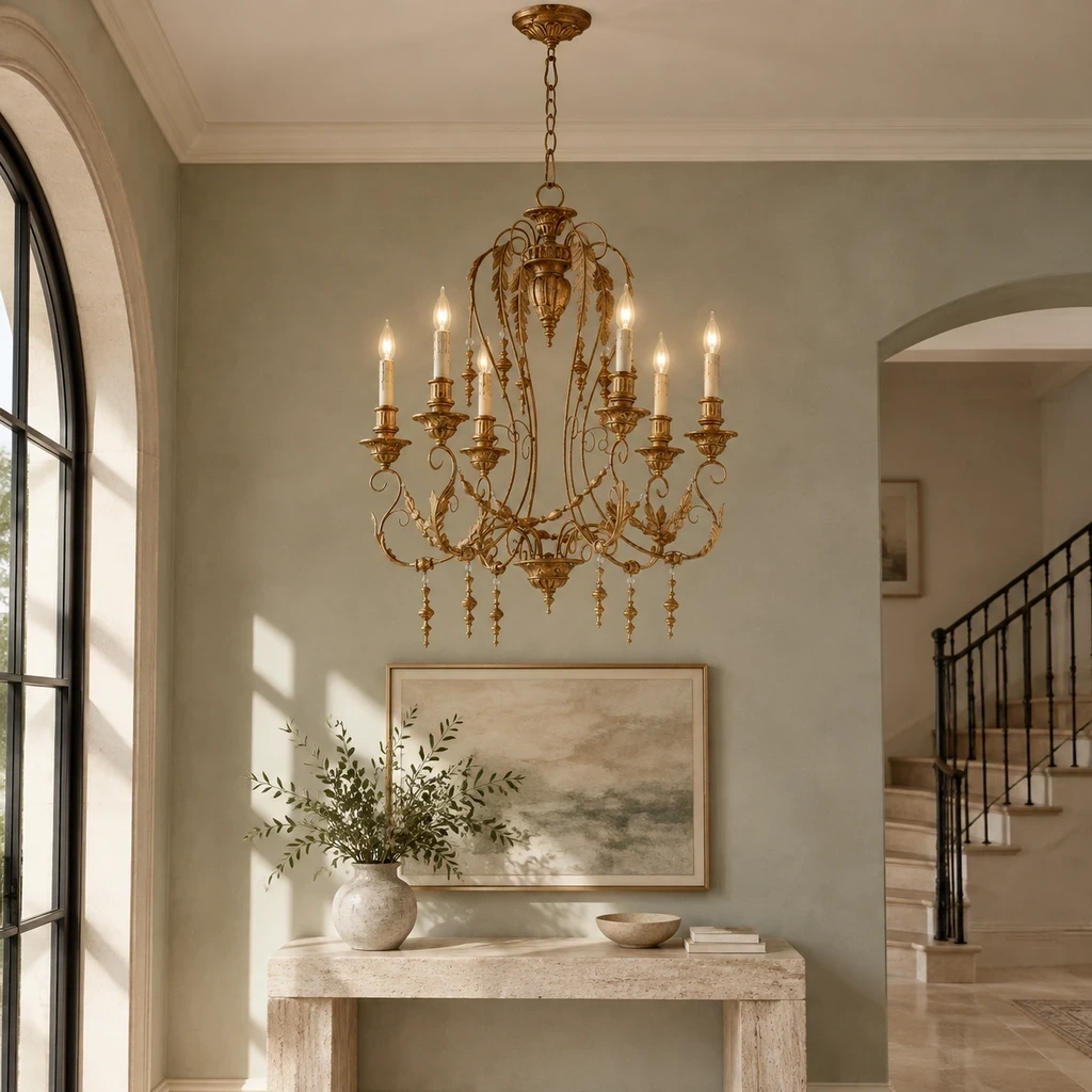 Merritt Vintage Sculpted Iron Chandelier with Six Lights in a muted sage entry hall