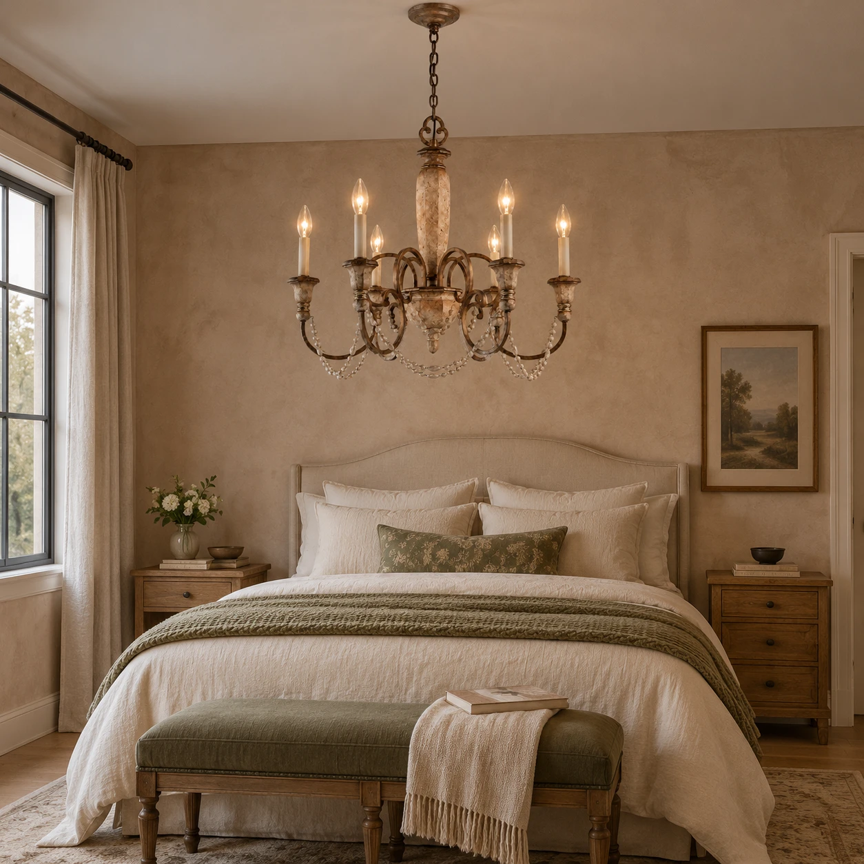 Six-light carved wood chandelier over a restrained vintage bedroom