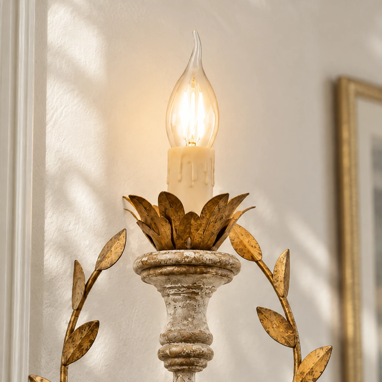 Nora wall sconce iron leaf cup and candle holder detail