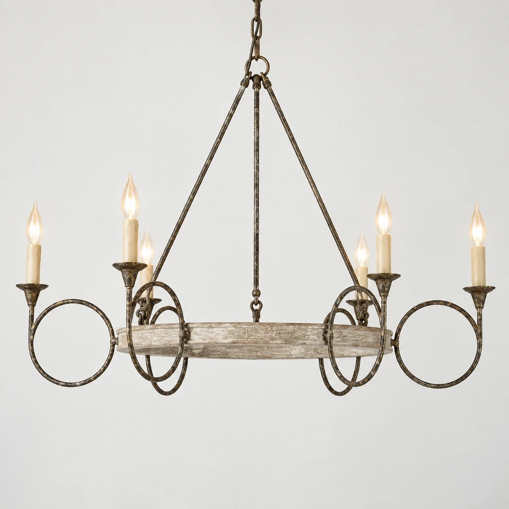 American Rustic Distressed Iron Ring Chandelier illuminated in a neutral studio