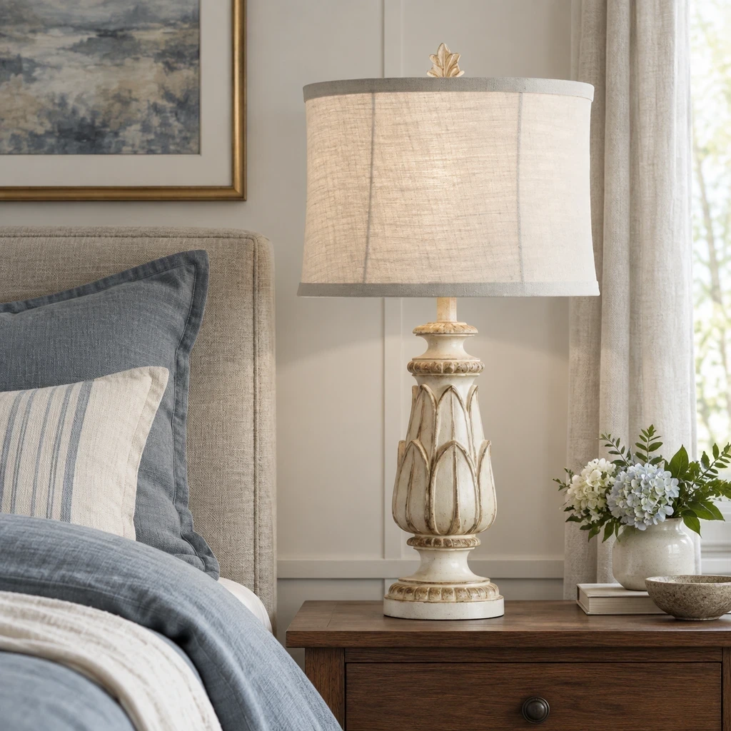 Rustic Carved Floral Table Lamp above a blue-gray linen bed