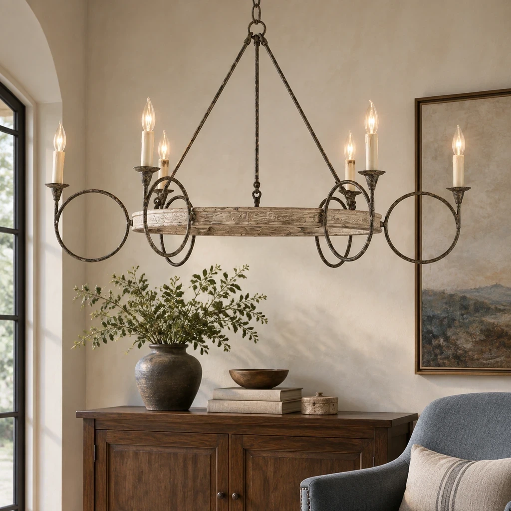 American Rustic Distressed Iron Ring Chandelier above a warm walnut console