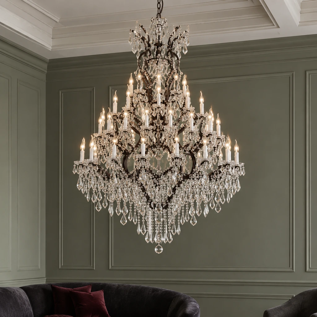 Aurelia chandelier in a desaturated mineral-sage salon