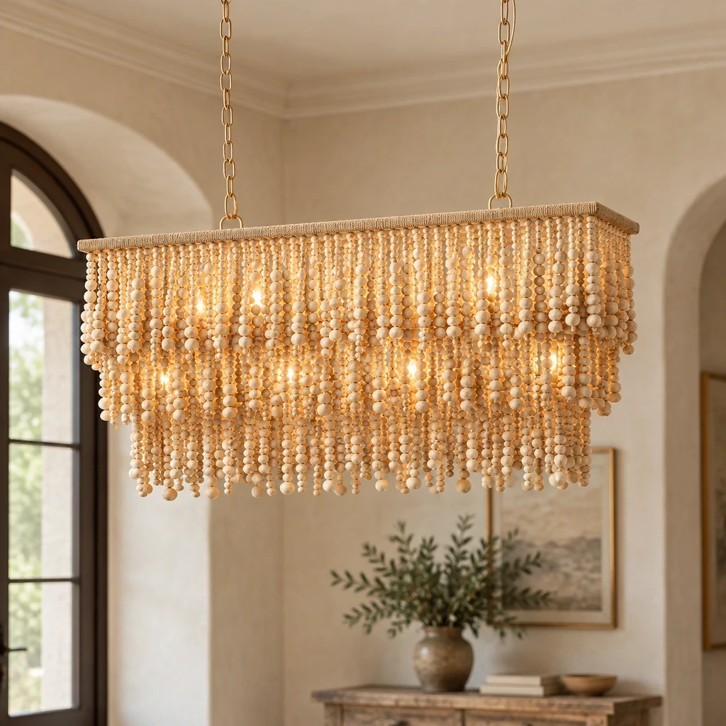 French Bohemian Natural Wood Bead Chandelier illuminated in a warm plaster entry
