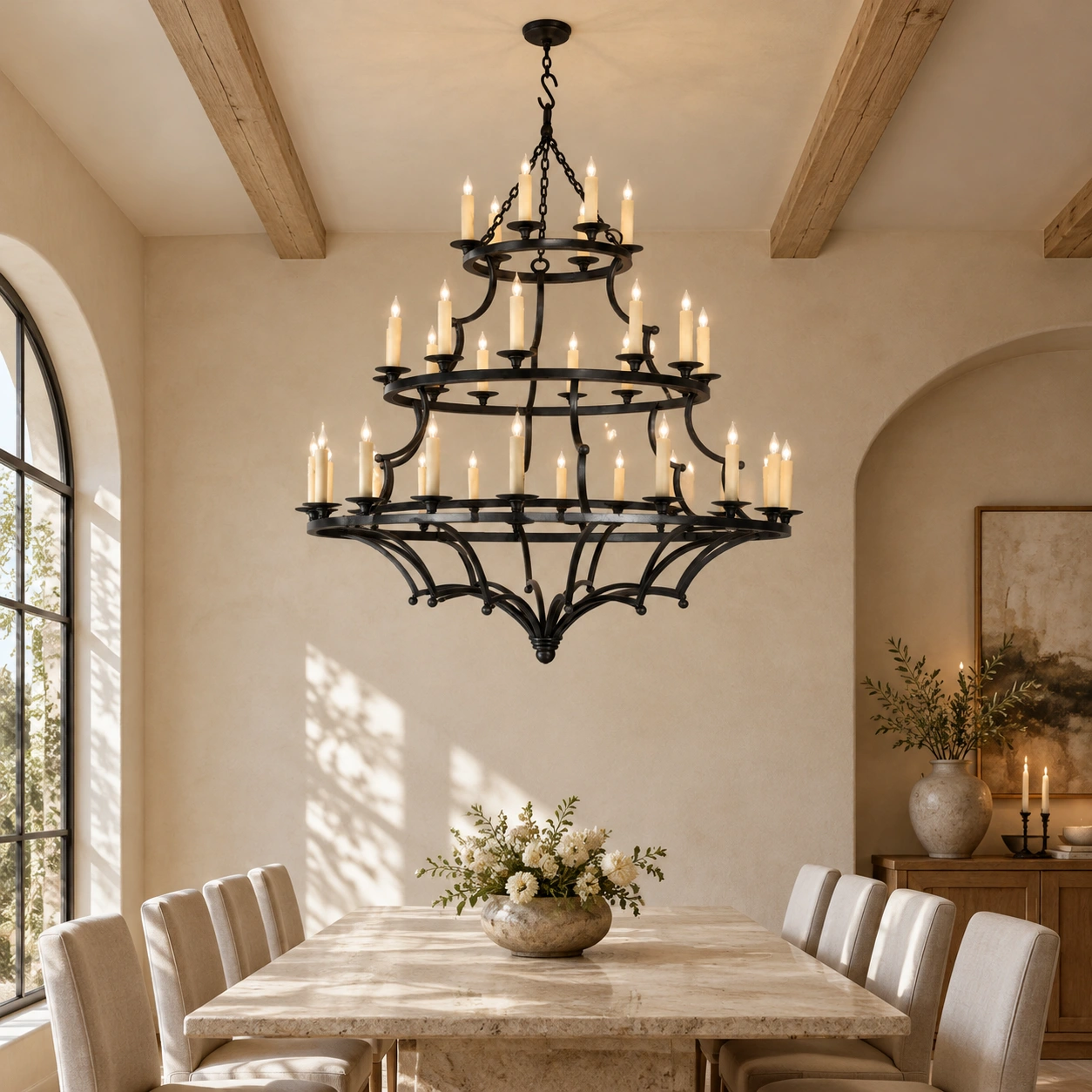 European rustic three-tier iron chandelier installed above a stone dining table in a high-ceilinged room