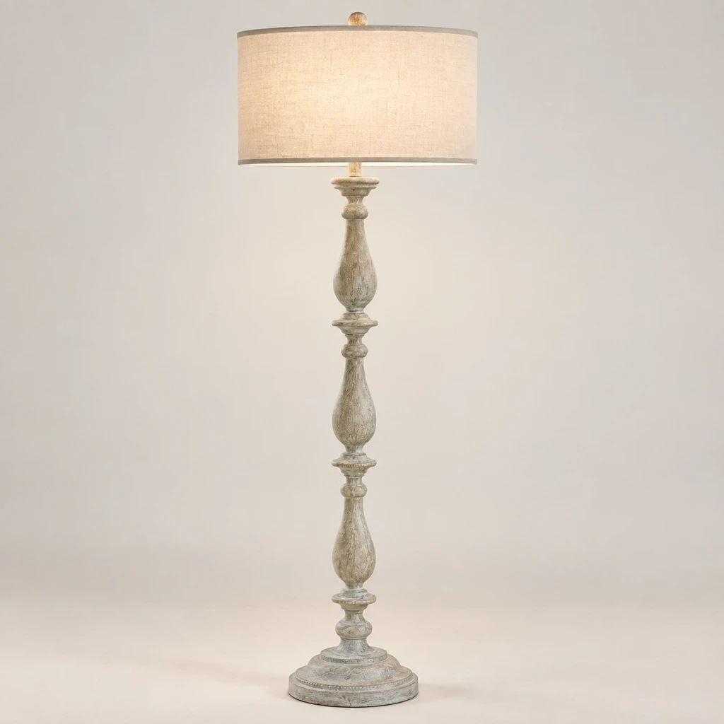 French Rustic Carved Wood Floor Lamp illuminated in a neutral studio