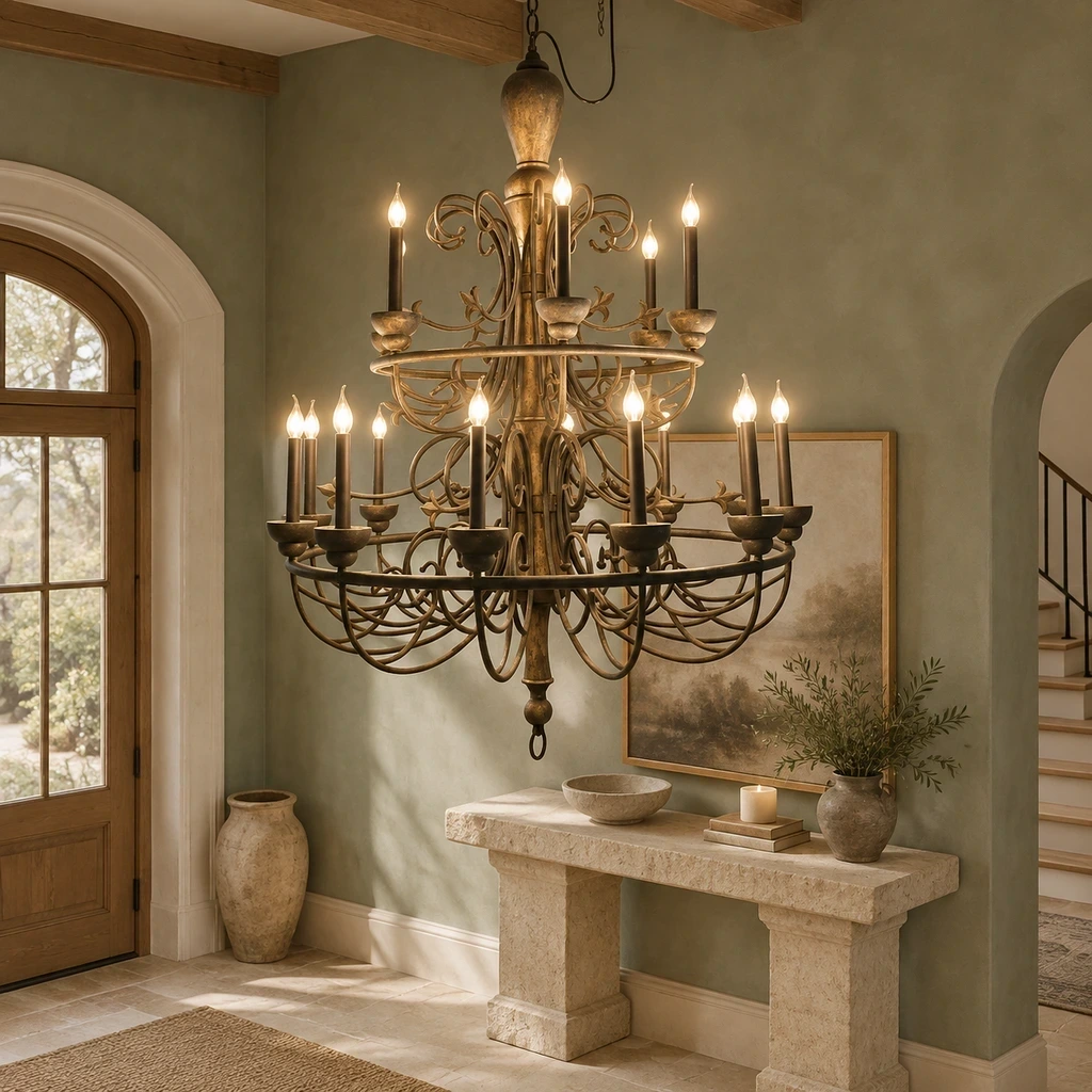 Rustic Multi-Tier Carved Wood Chandelier above a pale limestone console