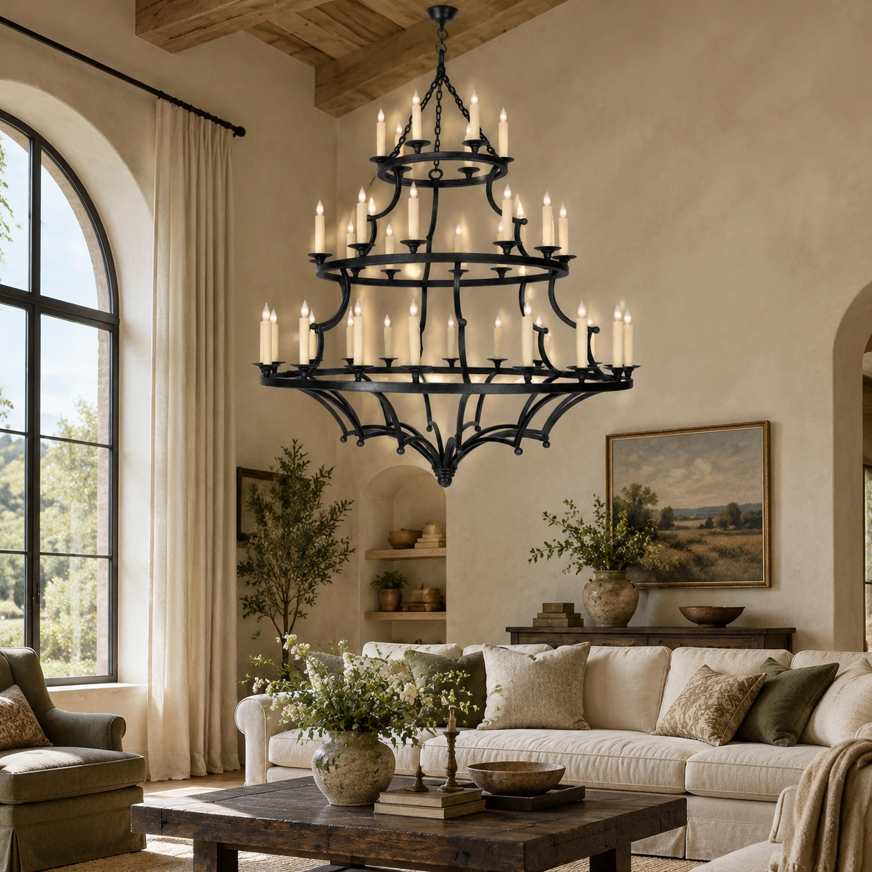 European rustic three-tier iron chandelier installed in a refined living room with believable scale