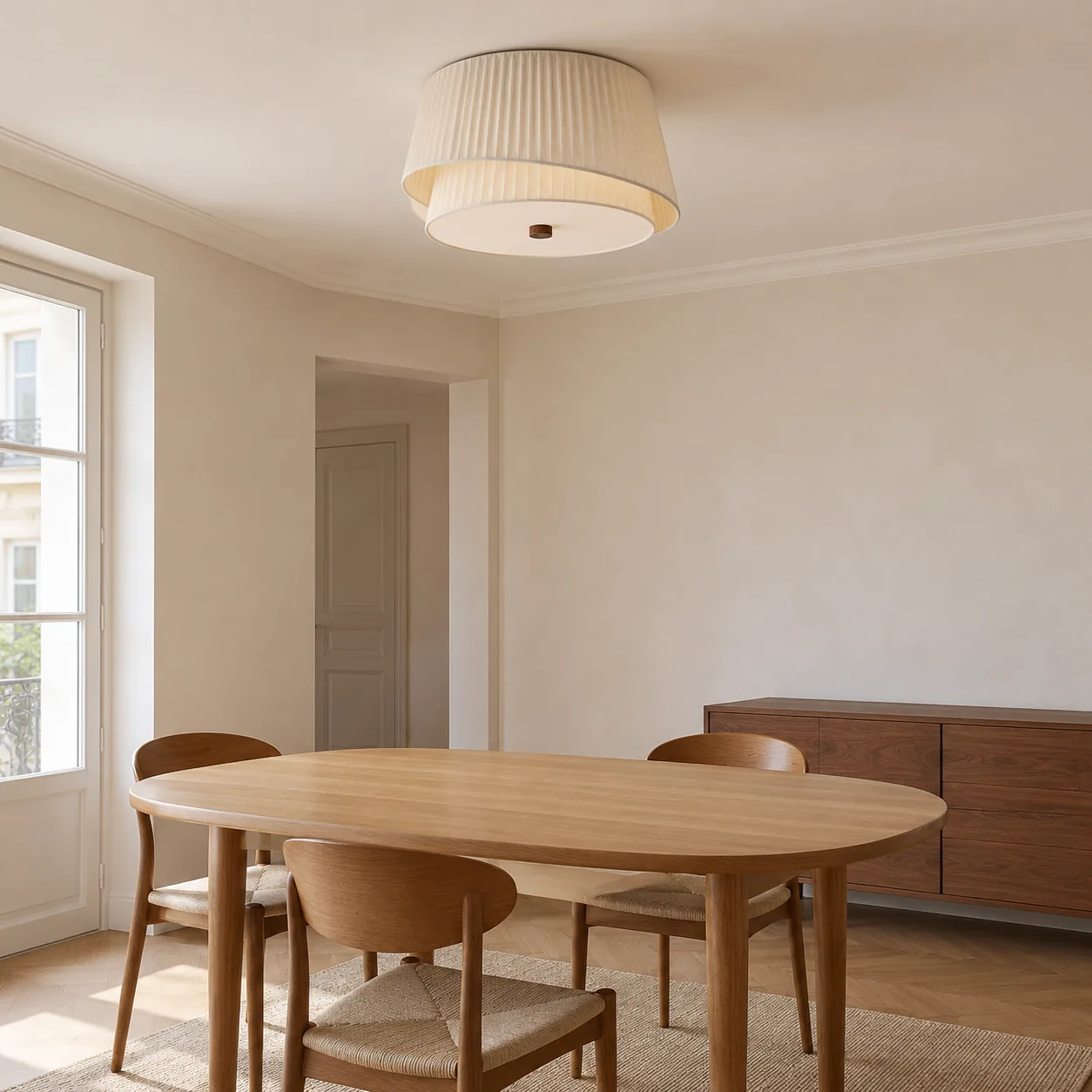 50 cm cream pleated fabric flush mount above a pale oak dining table