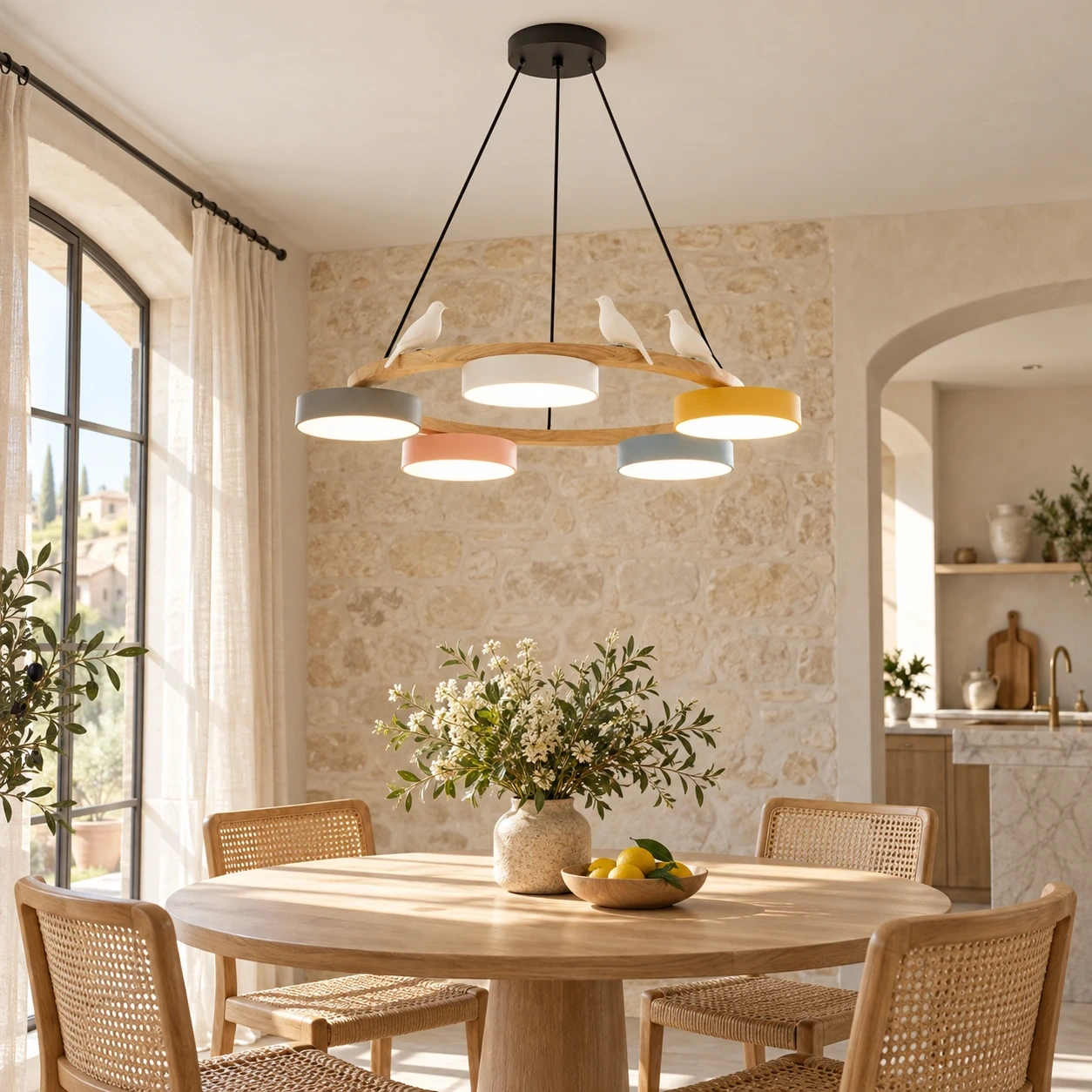 Cadmus multicolore au-dessus d’une table ronde dans une cuisine lumineuse ; mise en scène générée par IA