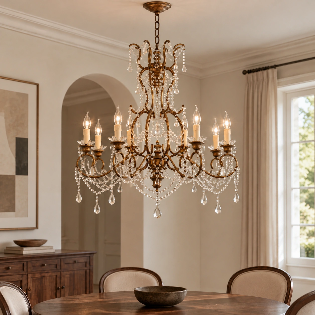 Marianne eight-arm iron and crystal chandelier scene 03 dining close v2