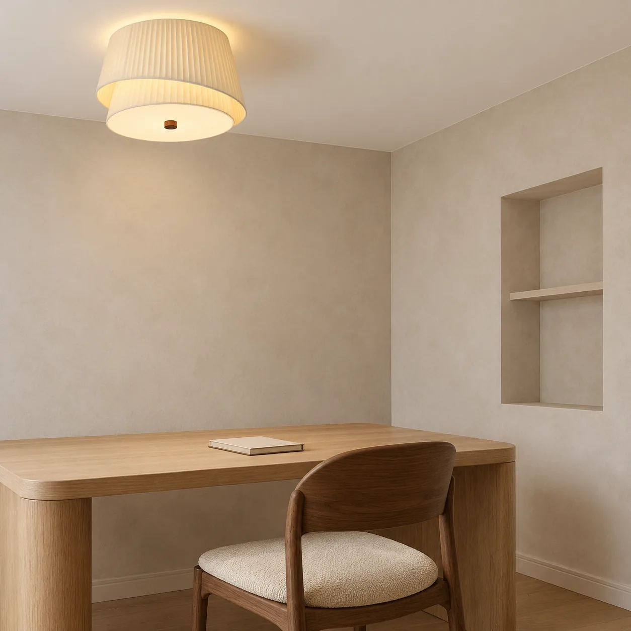 40 cm layered pleated fabric ceiling light above a pale oak study desk