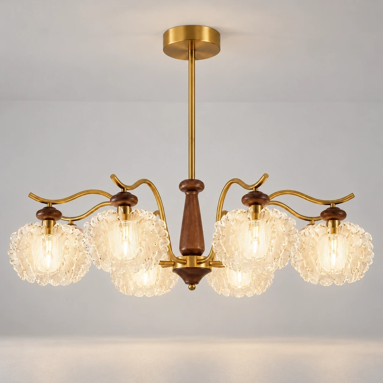 Wushlp Vintage Petal Acrylic Branch Chandelier switched on in a neutral studio