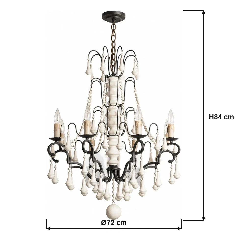Eight-light beaded wood chandelier dimension diagram: 72 cm overall diameter and 84 cm overall height