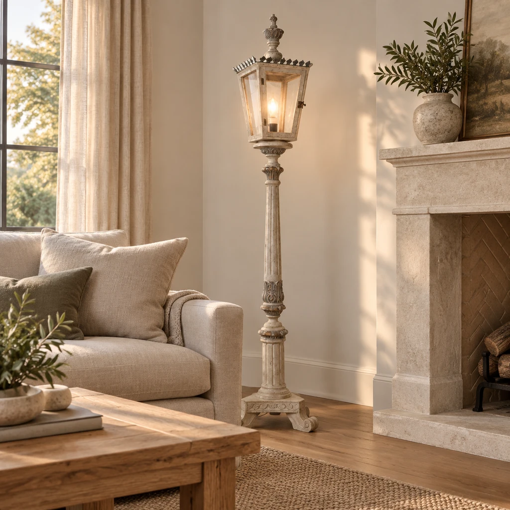 Maison floor lamp beside a linen sofa