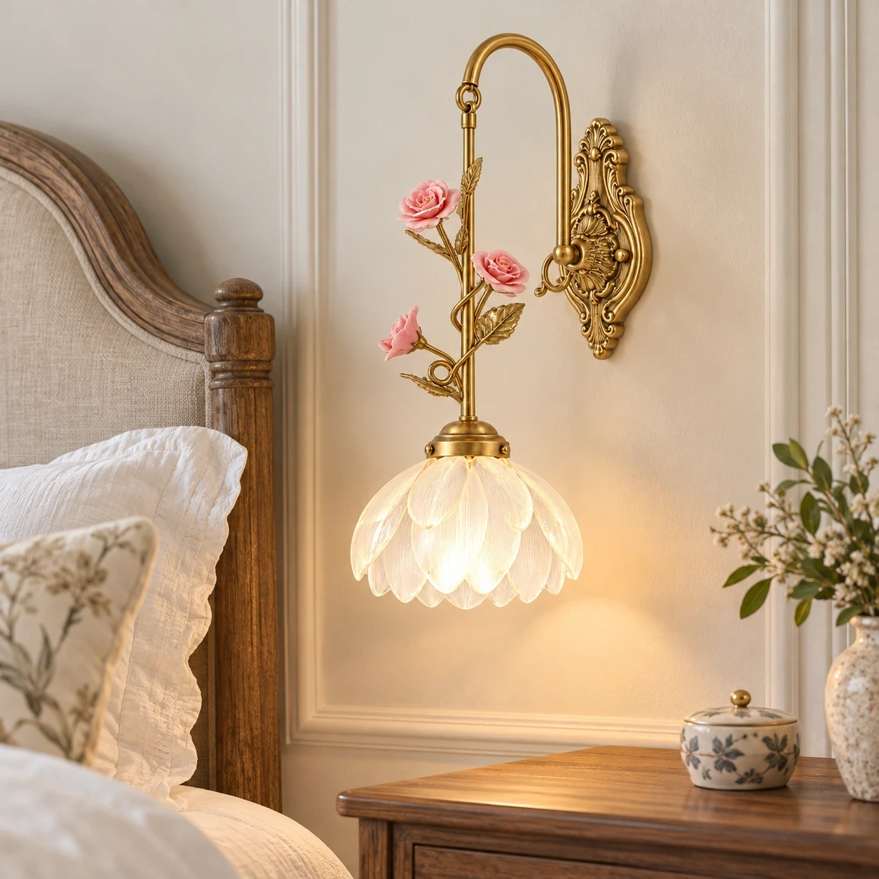 Wushlp Vintage Petal Copper Wall Light beside a bedroom