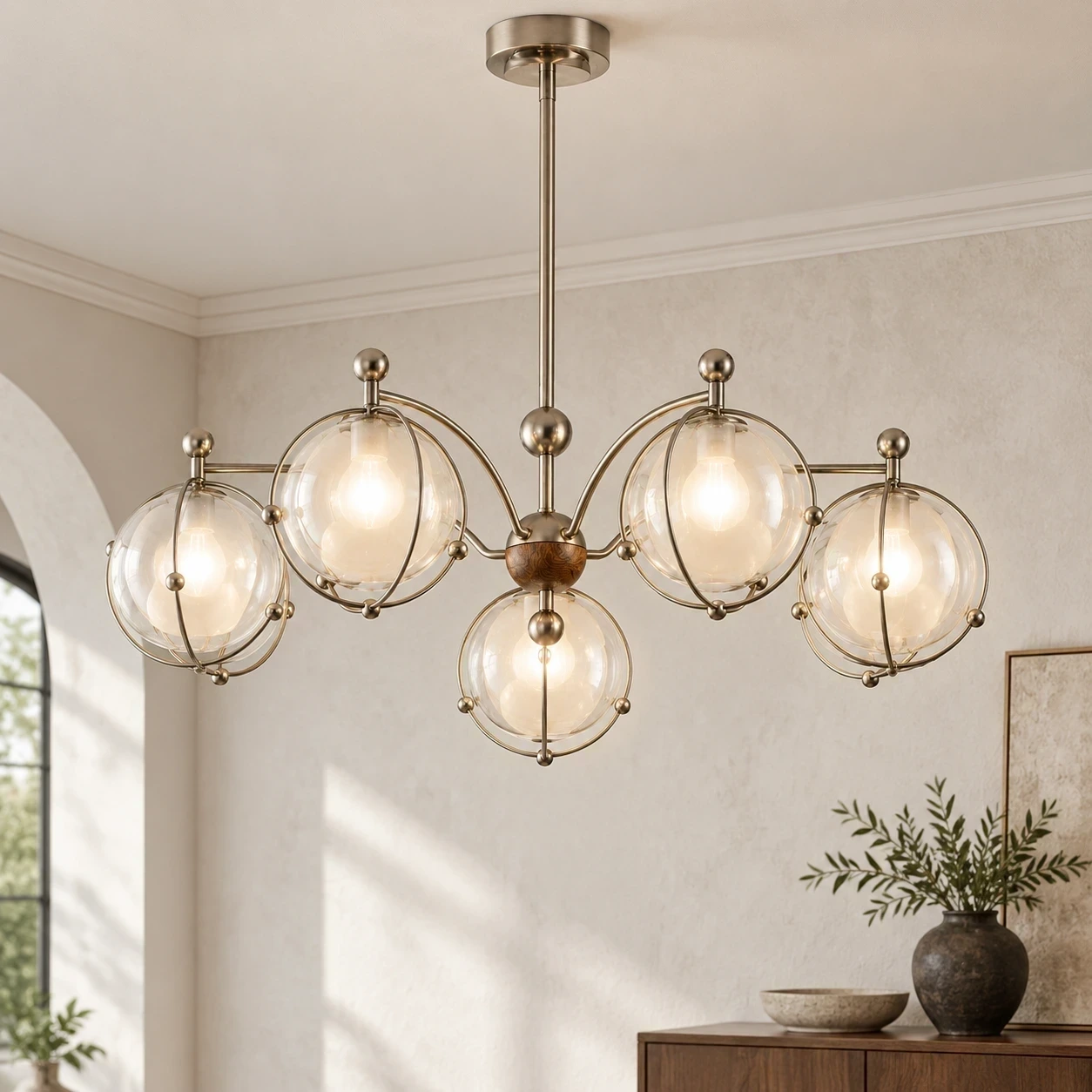 Wushlp Vintage Planet Glass Branch Chandelier installed in a bright interior