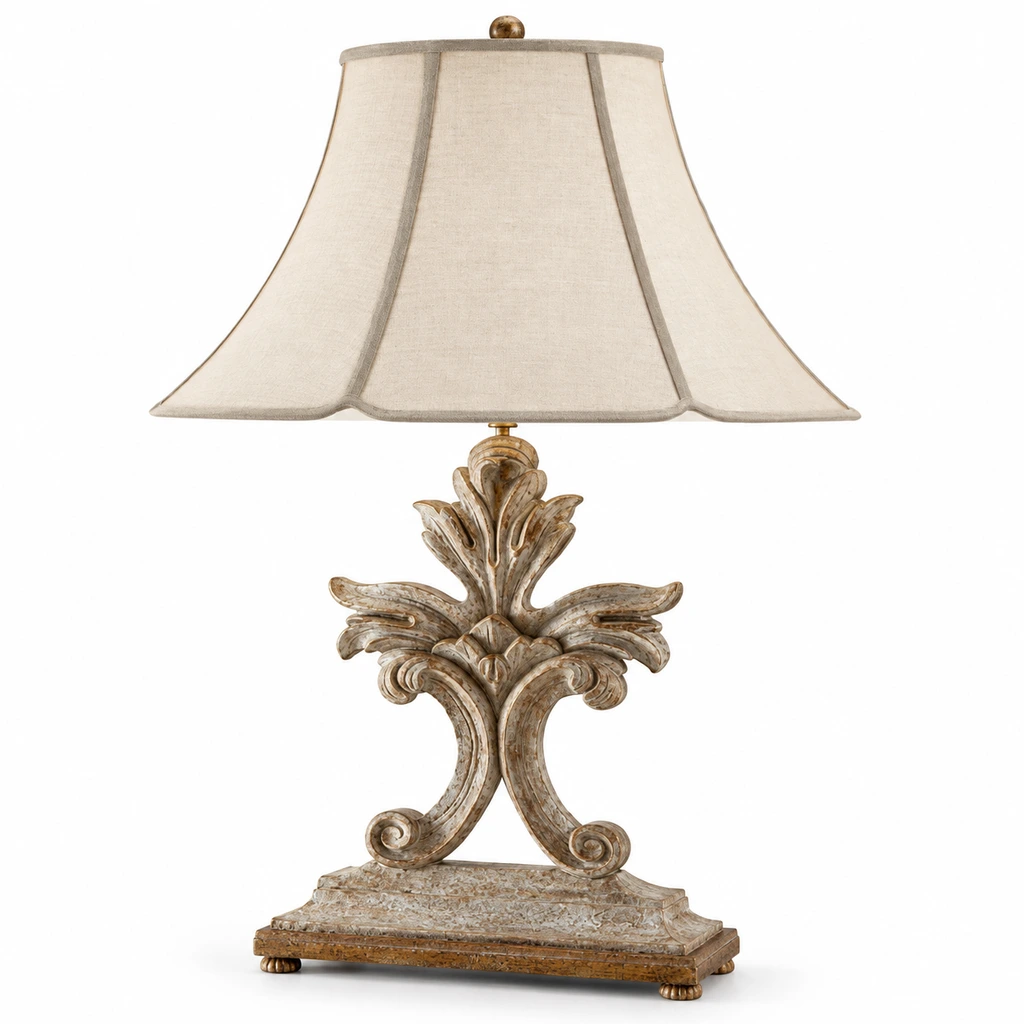 Front view of Linden carved wood table lamp with open carved frame on white background