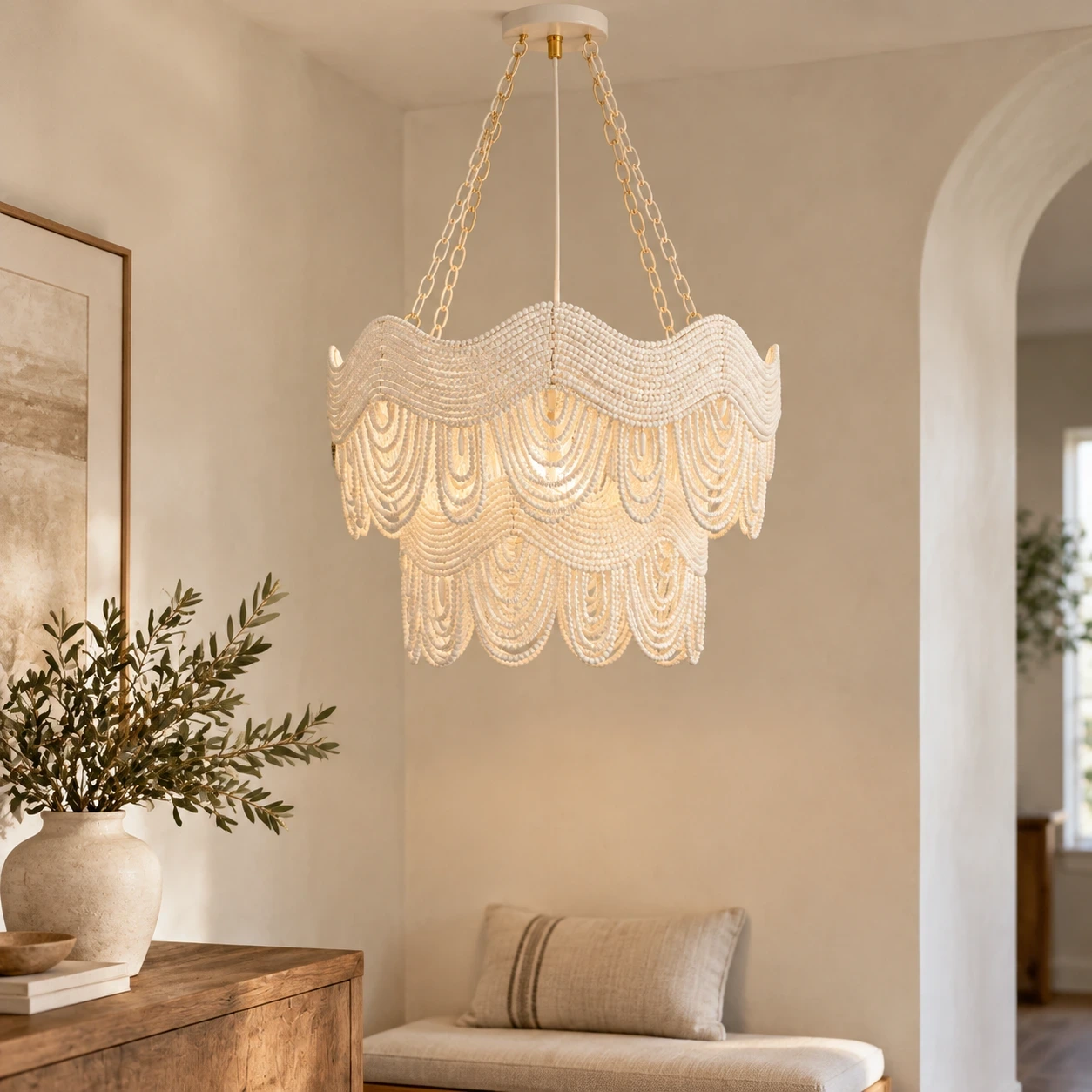 Clara Vintage Minimal Wood and Metal Pendant Light above a quiet entry corner