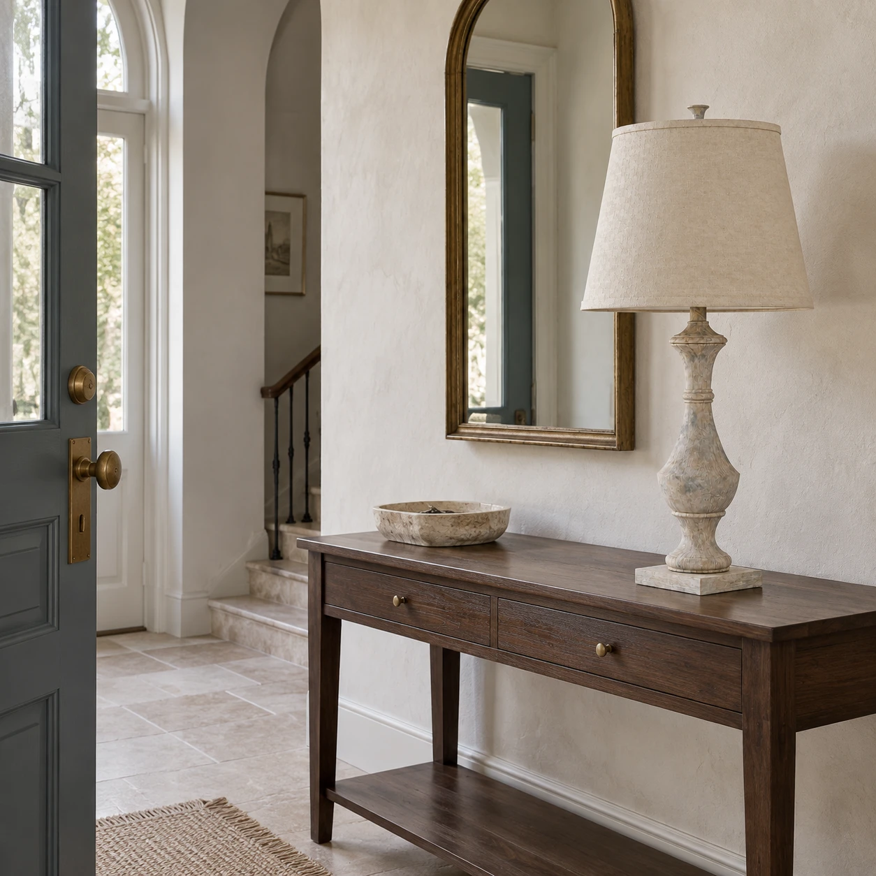 Carved wood table lamp on an entry console