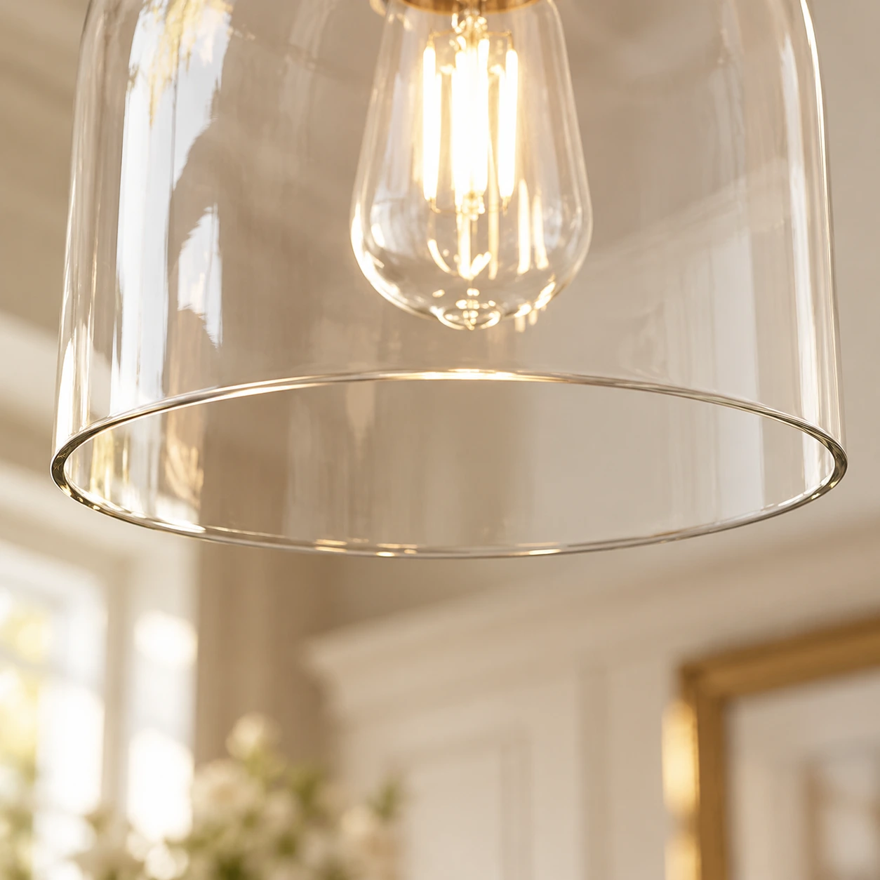 Close detail of the clear glass shade edge and single light position
