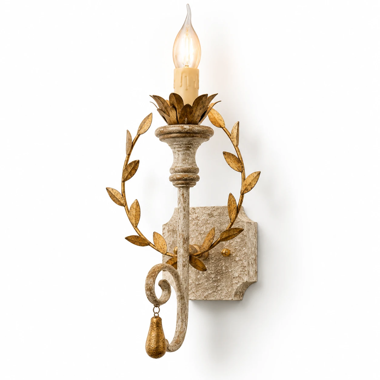 Nora vintage-gold wood and iron wall sconce on a white background