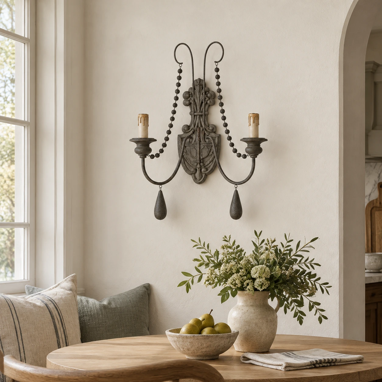 Mara Rustic Double-Arm Wood & Iron Wall Sconce — scene gray breakfast nook