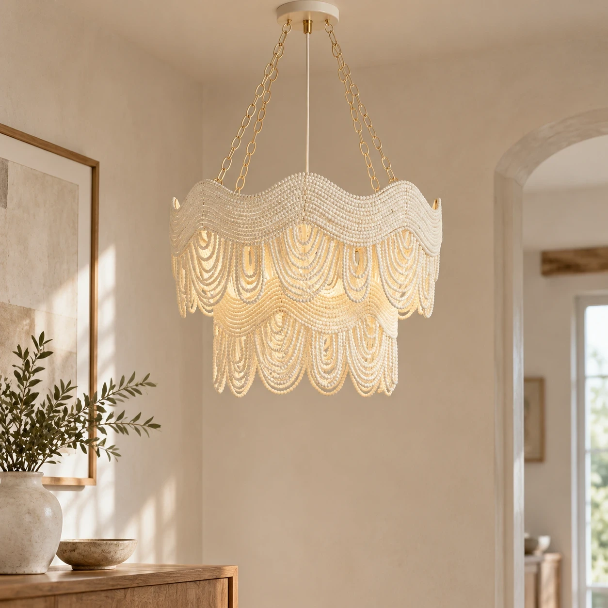 Clara Vintage Minimal Wood and Metal Pendant Light above a compact hallway console