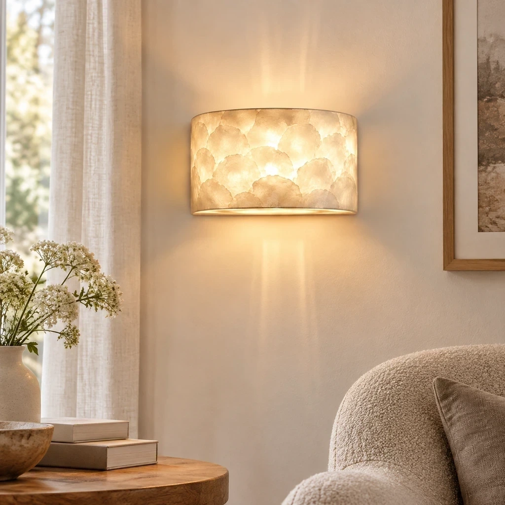 Odette Vintage Layered Shell Iron Wall Sconce in a reading setting