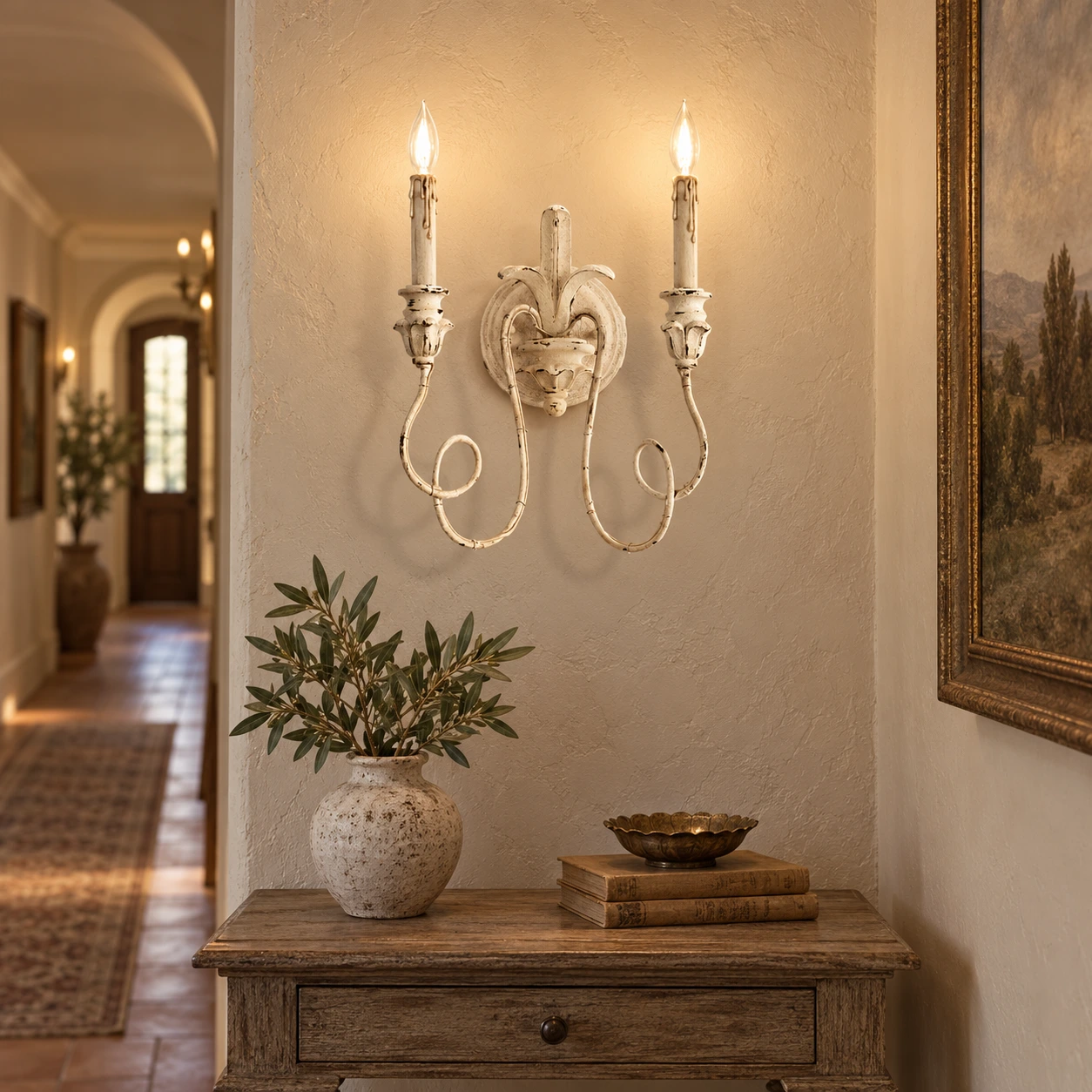 Cassia white aged wall sconce in a boutique hospitality corridor