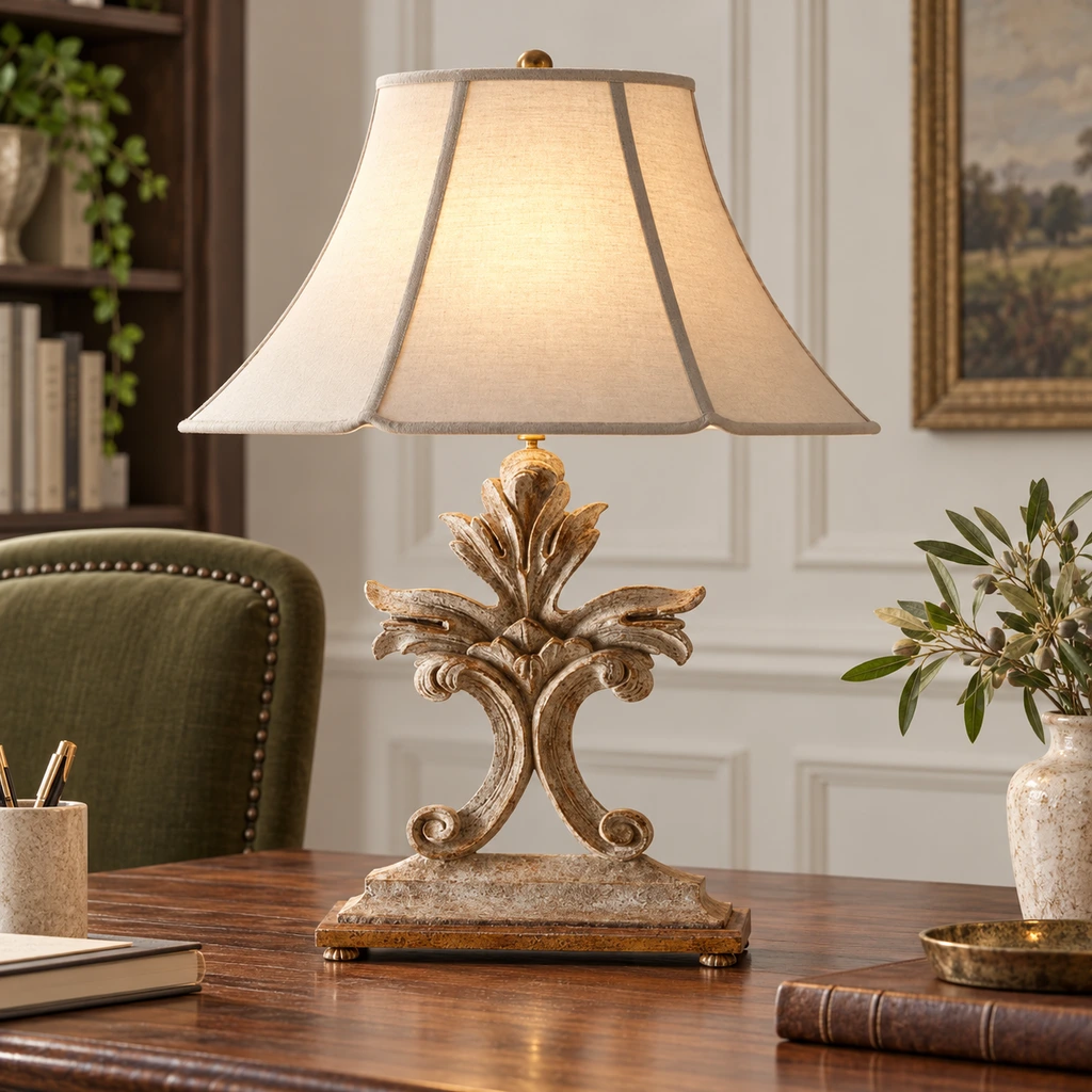 Linden carved wood table lamp on a walnut writing desk