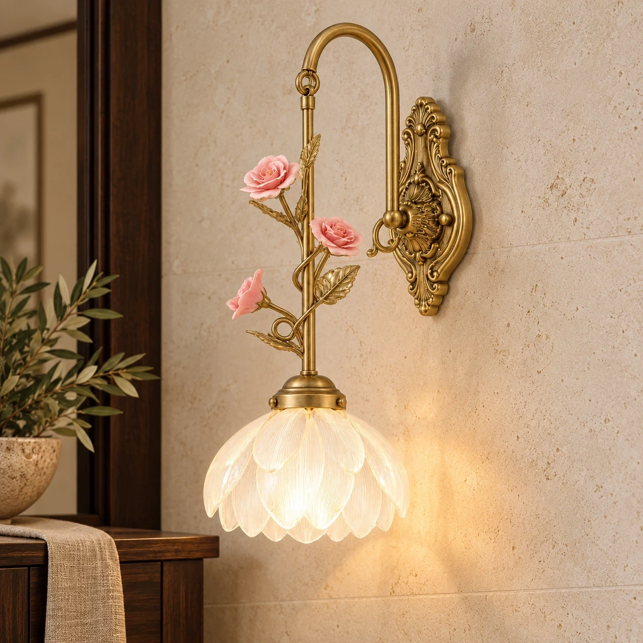 Wushlp Vintage Petal Copper Wall Light in a guest-room entry