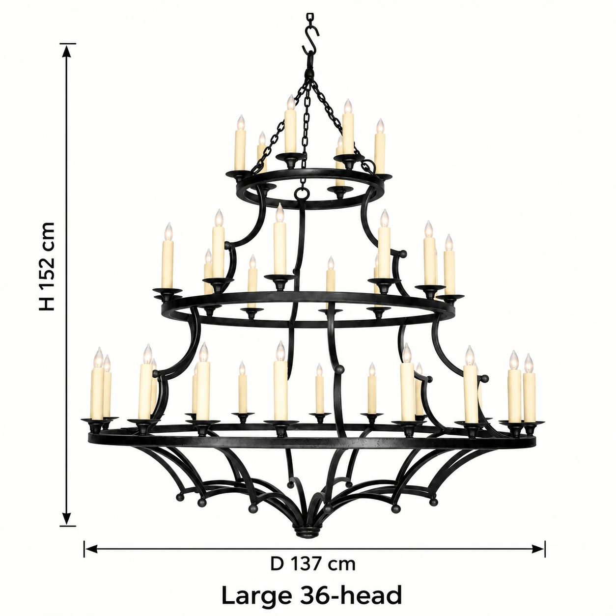 Large 36-head European rustic three-tier chandelier dimensions: H 152 cm and D 137 cm