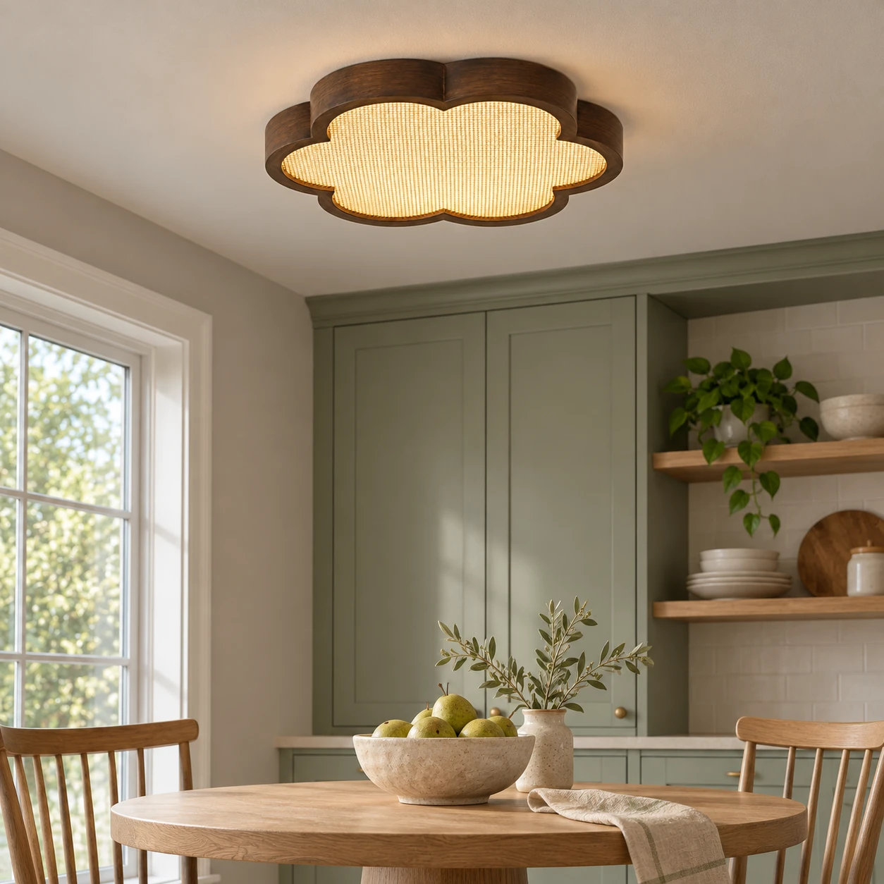 Mira Vintage Floral Walnut Wood Flush Mount Ceiling Light — breakfast setting