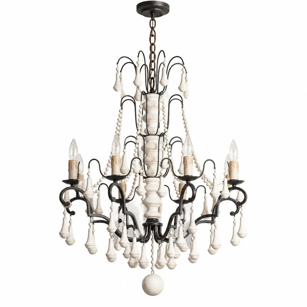 Merritt French Country Beaded Wood Chandelier with Eight Lights on a clean white background