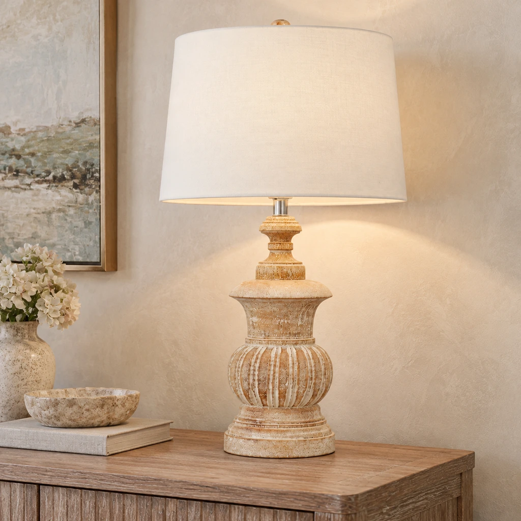 Elodie French Country Carved Wood and Fabric Table Lamp product image 2