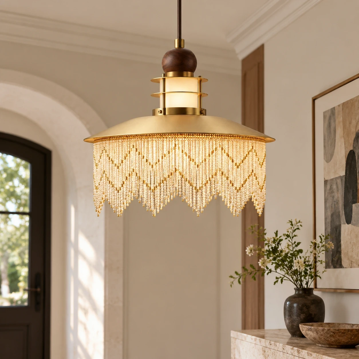 Wushlp Vintage Fringe Wood Pendant Light in a living room